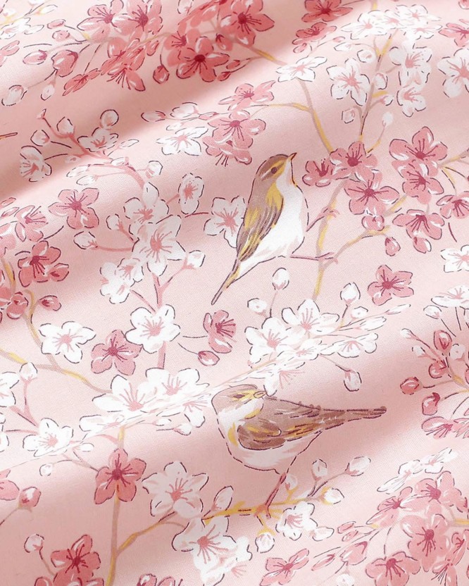 Pamutvászon - rózsaszín kertben madarak